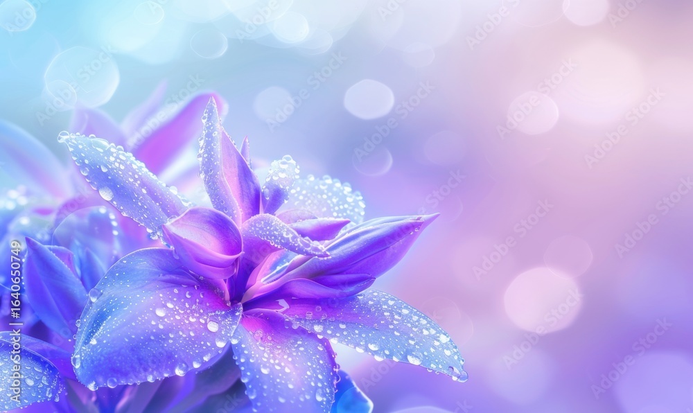 Fototapeta premium Radiant purple flower with water droplets in dreamy soft focus
