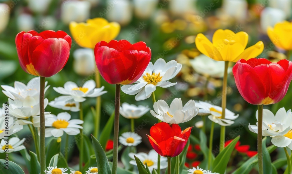 Fototapeta premium Red and yellow tulips blooming with white daisies in a garden setting