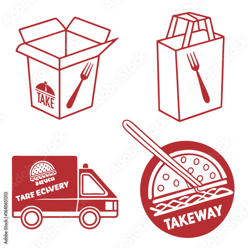 Collection of red line art icons representing food takeout and delivery services including a box bag truck and circular logo