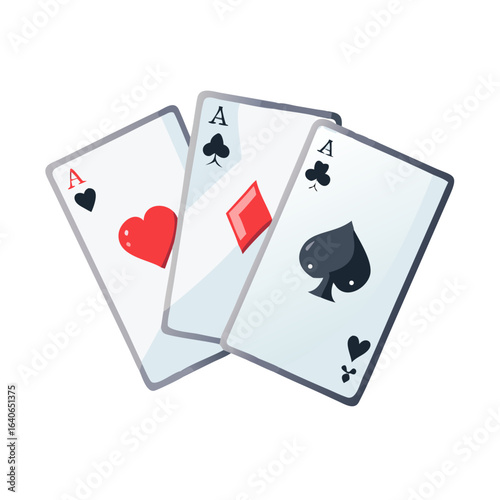 Four aces playing cards set. Poker hand winning combination. Casino gambling game concept. Vector illustration of spades, hearts, diamonds, and clubs card symbols. See Less