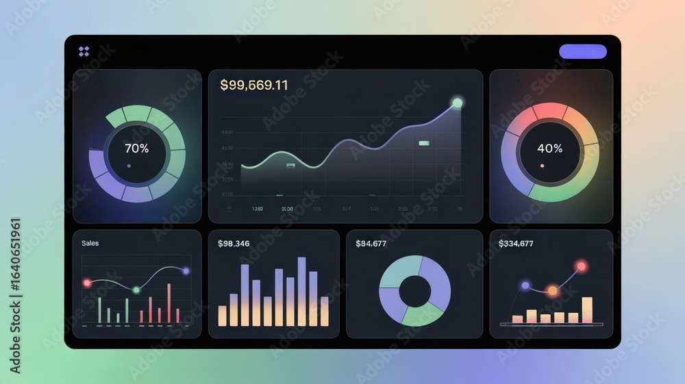 Fototapeta premium The Dashboard of Opportunity - A dark-themed dashboard displaying various charts and graphs, for visualizing business performance and financial growth