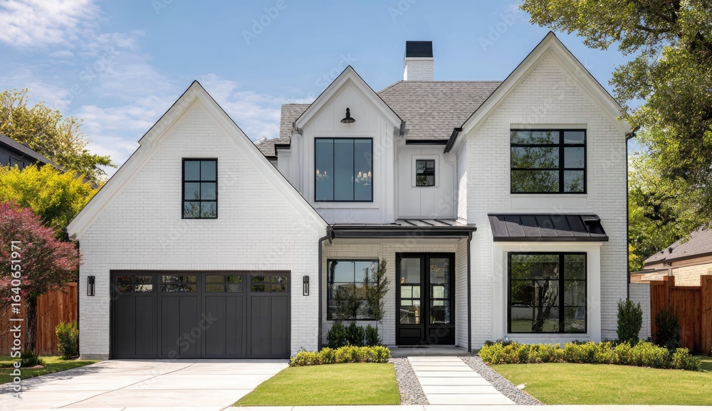 Modern Farmhouse Exterior, Suburban Home, Sunny Day, Landscaping Modern Farmhouse Exterior, Suburban Home, Sunny Day, Landscaping