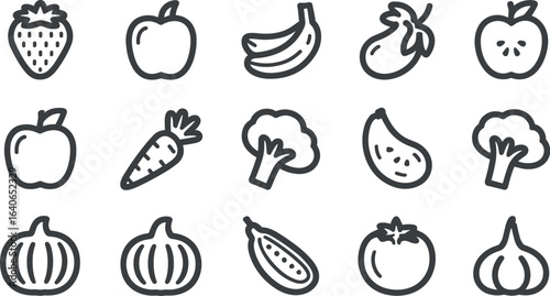 A whimsical collection of hand drawn fruits and vegetables in a simple outline style
