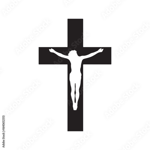 Crucifix icon with Jesus Christ on the cross. Black and white silhouette, symbol of the crucifixion, faith, and salvation.
