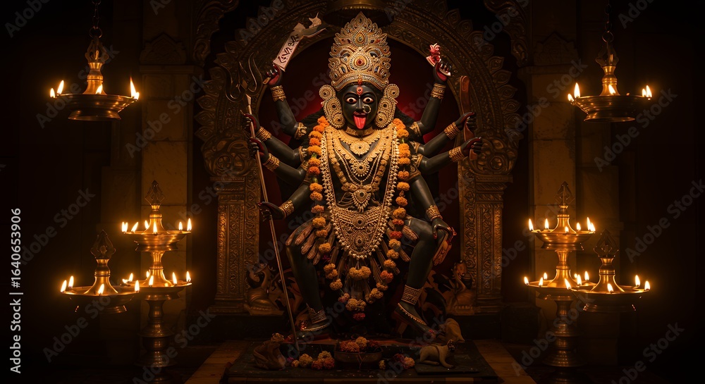 Fototapeta premium Maa Kali Statue Illuminated by Flickering Temple Lamps