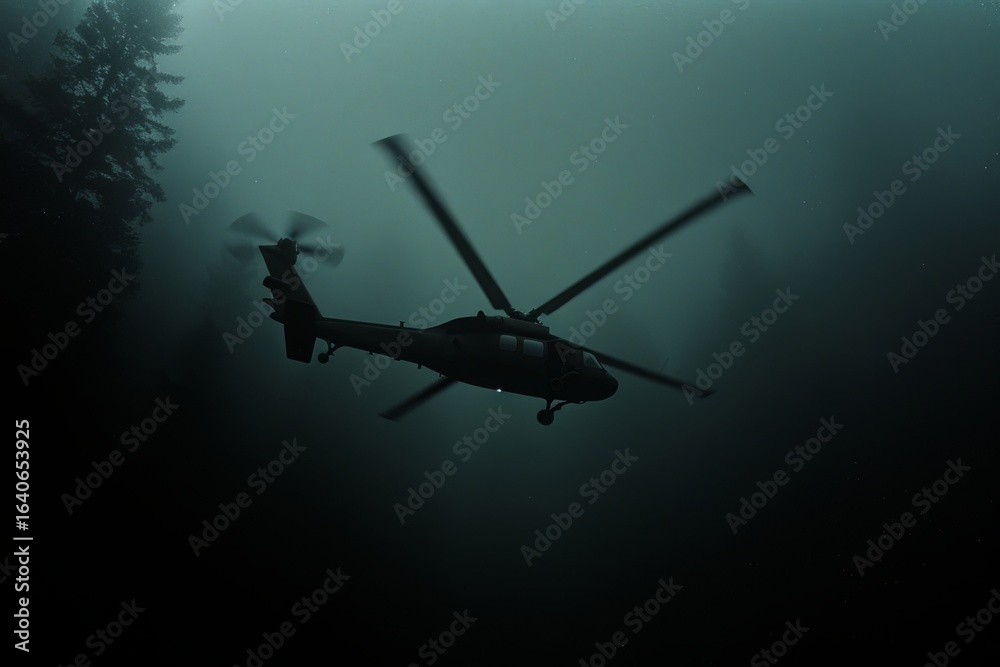 Naklejka premium Helicopter hovers silently above dense forest shrouded in fog during night. Mysterious atmosphere evokes suspense and intrigue.