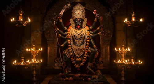 Maa Kali Statue Illuminated by Flickering Temple Lamps