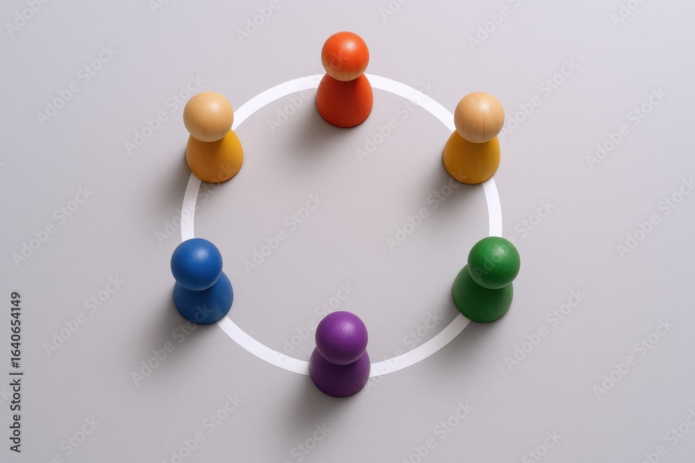 Obraz premium Teamwork Concept: Colorful Wooden Figures Arranged in a Circle, Symbolizing Collaboration and Unity on Gray Background