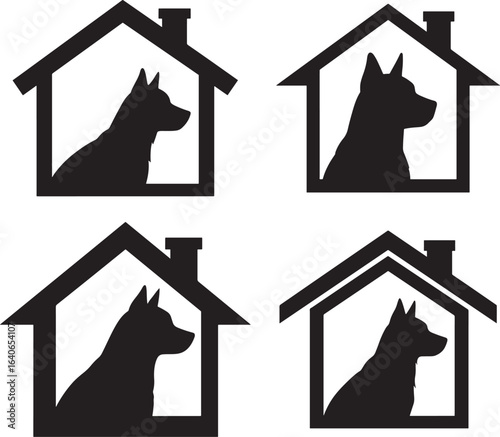 Four dog house silhouettes with dog profiles silhouette