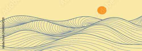 Ocean wave landscape illustration. Creative minimalist modern line art print. Abstract contemporary aesthetic backgrounds landscapes. with Ocean, sea, skyline, wave and sunset	