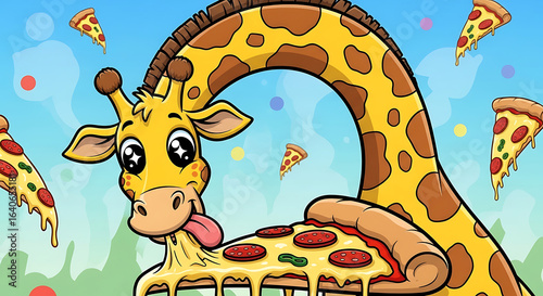 A whimsical cartoon giraffe with a long curved neck happily eats a giant slice of cheesy pepperoni pizza.