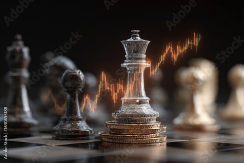 Chessboard view with a transparent queen on gold coins overlaid with a candlestick chart