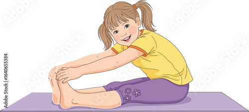 A girl stretching forward touching her toes while sitting on a yoga mat