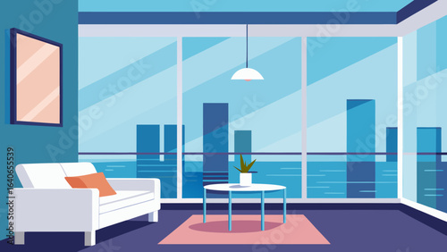 High rise apartment lounge with panoramic ocean view