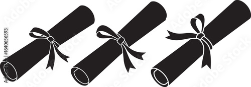 Three graduation diplomas tied with ribbons silhouette