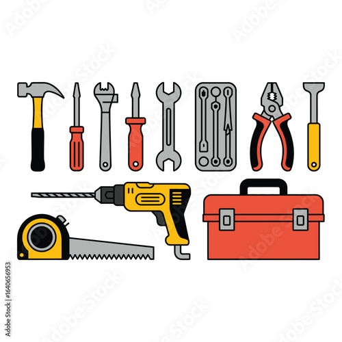 Set of various hand tools for repair on white background