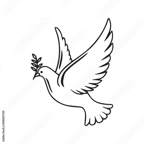 Dove of peace flying with an olive branch. Christian symbol of the Holy Spirit and hope. Black and white line art vector illustration, coloring page.

