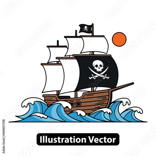 A historical pirate ship with a skull flag sailing the ocean waves for a fantasy adventure