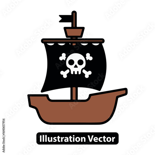 Vector illustration of a pirate ship with a skull and crossbones sail for sea adventure