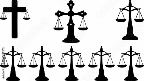 Multiple scales of justice and crosses representing law and religion in black and white design art