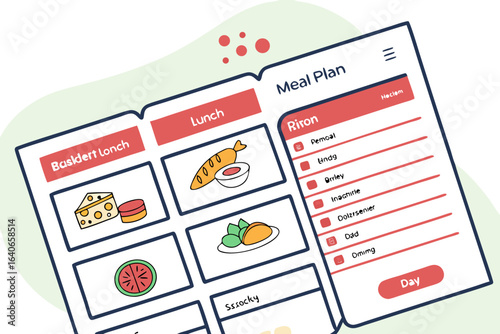 A colorful and playful illustration of a digital meal plan featuring various food items and a daily schedule for a person named riron