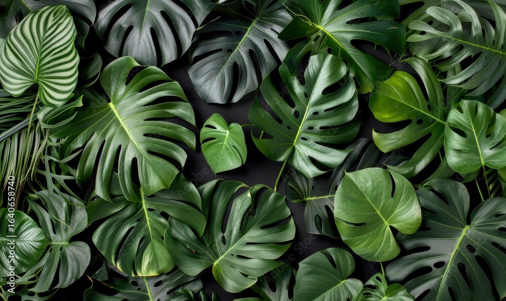 Fototapeta premium Tropical monstera leaf arrangement lush green foliage natural backdrop