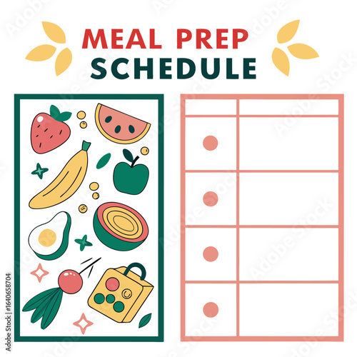 Organize your week with this colorful meal prep schedule featuring fresh fruits and vegetables and a blank planning grid