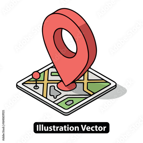 Isometric vector icon of a red location pin on a city map for GPS navigation and destination.