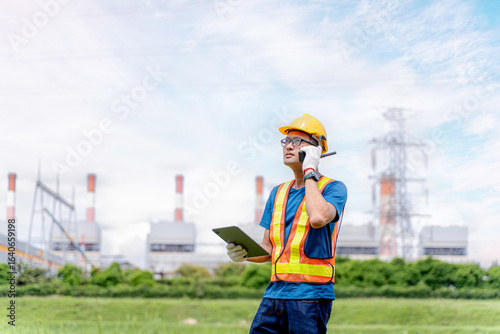 Image of young Asian power plant engineer working outdoors with tablet and radio communication on blurred of power plant and blue sky background. green energy power and environment concept