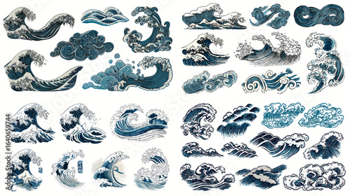 Traditional Japanese wave illustration collection inspired by Hokusai, depicting powerful sea waves in artistic style, perfect for cultural, marine, and decorative design.