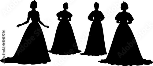  silhouettes of princess, vector , black and white