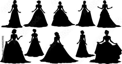  silhouettes of princess, vector , black and white