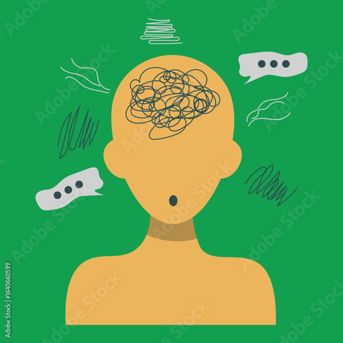 Mental health concept illustration of a confused person with a tangled mind symbolizing stress