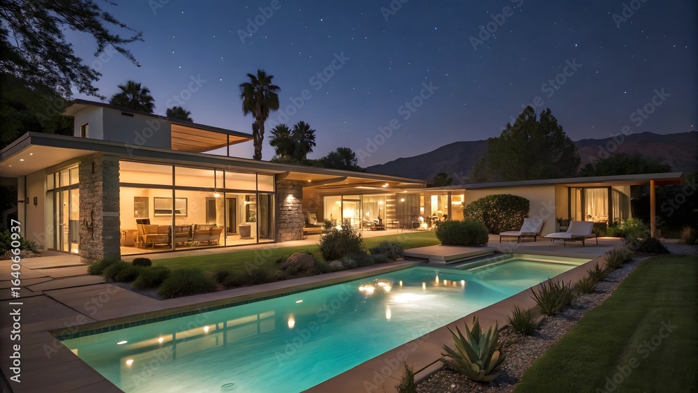 Fototapeta premium Luxurious Modern House with Swimming Pool and Illuminated Interior at Night Under Starry Sky