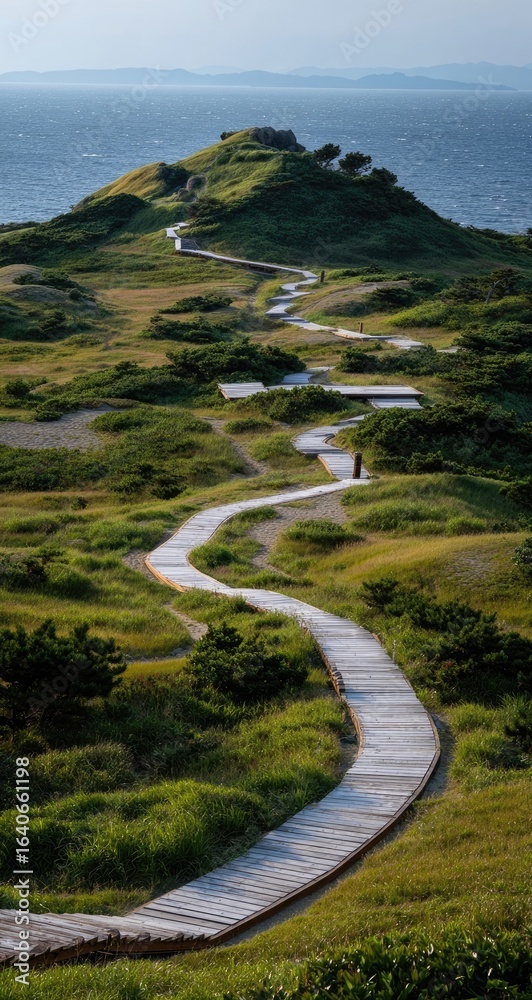 Obraz premium Winding boardwalk path through grassy dunes, overlooking a hazy ocean