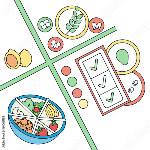 Healthy eating plan with balanced meals and checklist for tracking dietary goals and food groups represented by icons