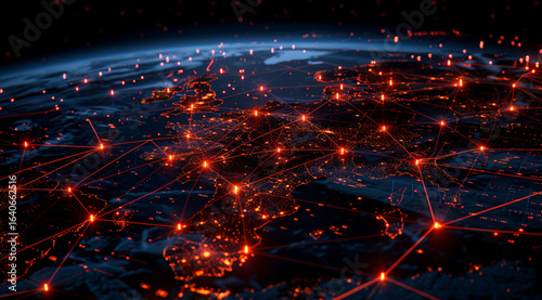 Futuristic Cityscape with Glowing Network Connections,Aerial view of global digital network connections over Europe, depicting futuristic data communication technology and connectivity.

