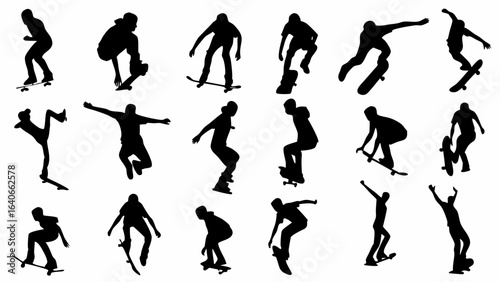 Silhouette illustrations showing various skateboarders performing tricks and stunts in different positions
