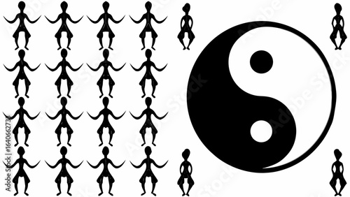 Illustration featuring a yin yang symbol and multiple figures in a symmetrical arrangement on a white background