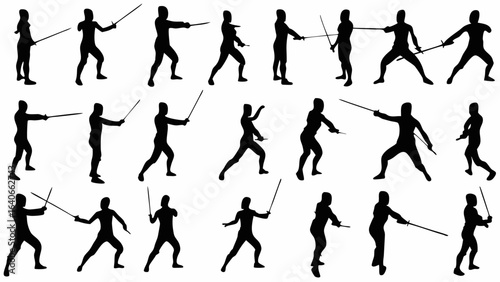 Silhouette depictions of fencers in various stances holding swords in a dynamic composition style view