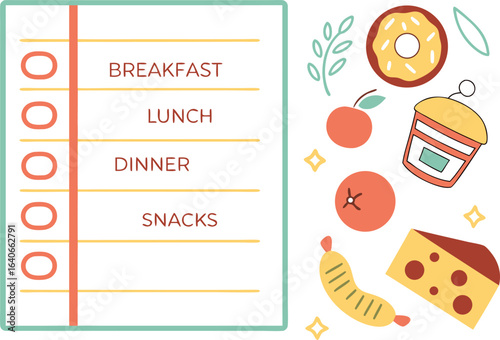 A colorful and whimsical illustration of a meal plan checklist with various food items and decorative elements perfect for healthy eating inspiration
