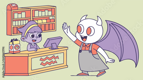 A friendly cartoon demon with purple wings and horns waves hello to a purple skinned child working at a checkout counter in a brightly colored store