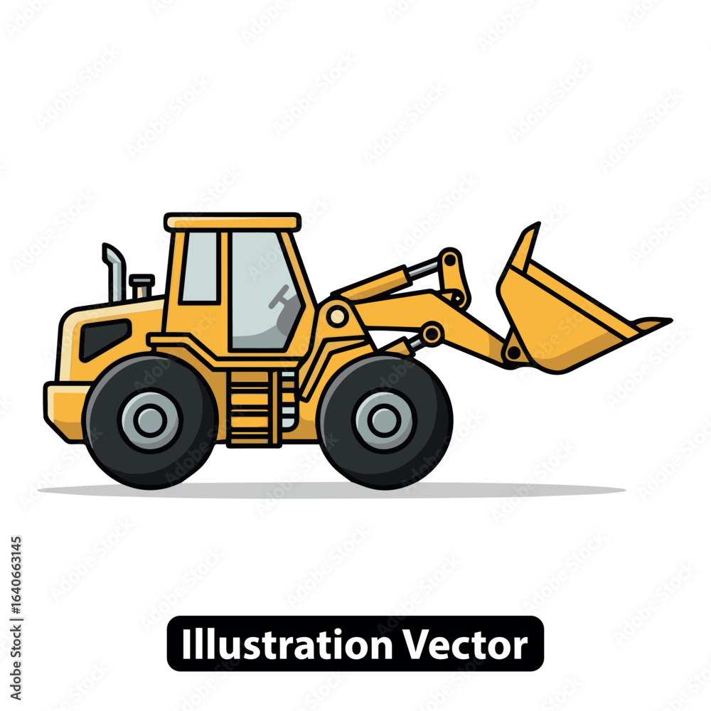 Fototapeta premium Heavy construction wheel loader vehicle. Yellow front-end loader cartoon vector icon