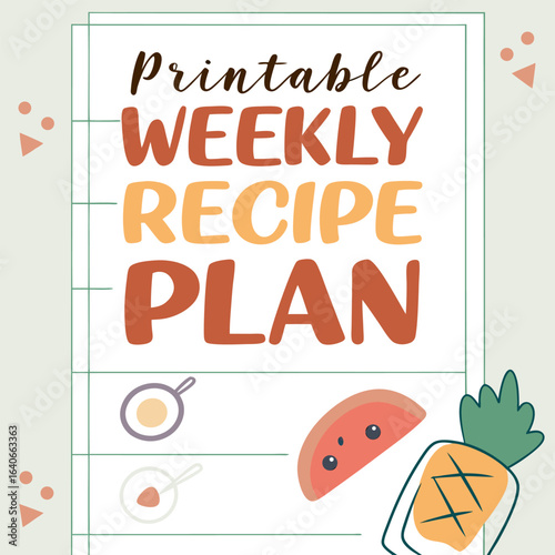Printable weekly recipe plan with fun food illustrations for easy meal organization and grocery shopping