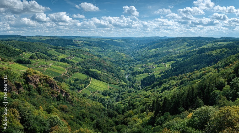 Naklejka premium Panoramic valley view, lush green hills, vineyards, river, and clouds