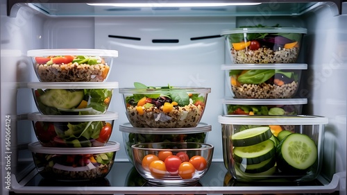 Organized refrigerator shelves filled with healthy meal prep containers