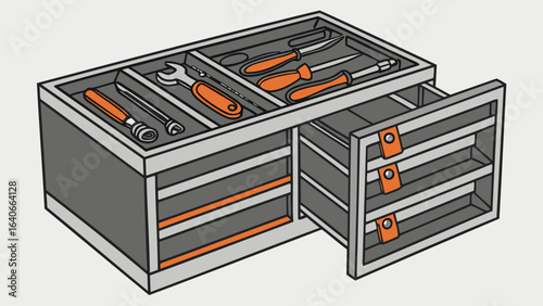 metal toolbox with open drawers and tools visible in the top compartment area
