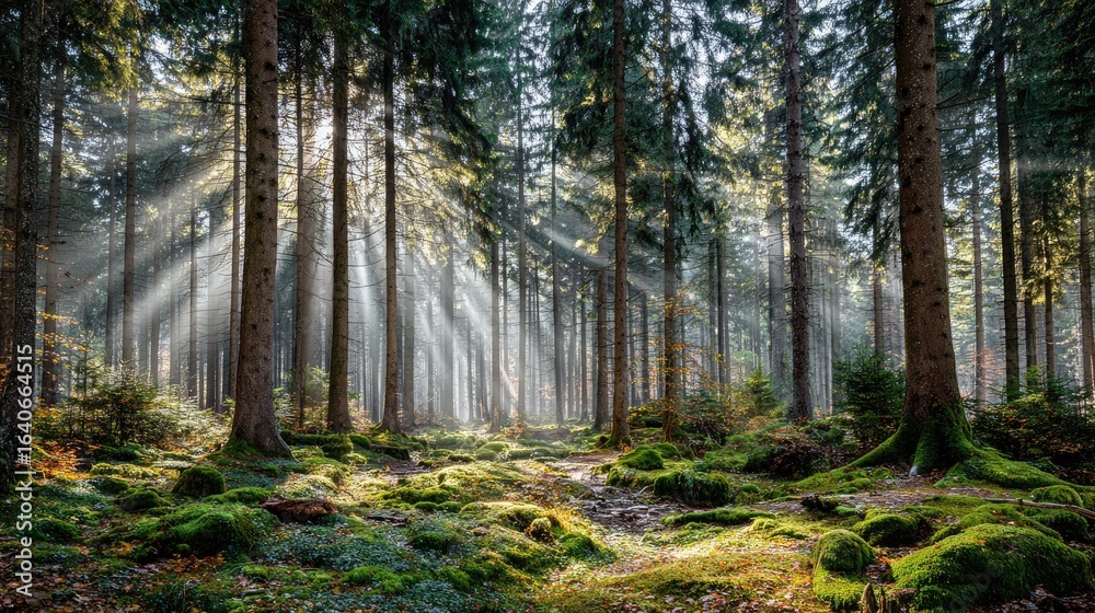 Sunlight streams through misty forest Sunlight streams through misty forest