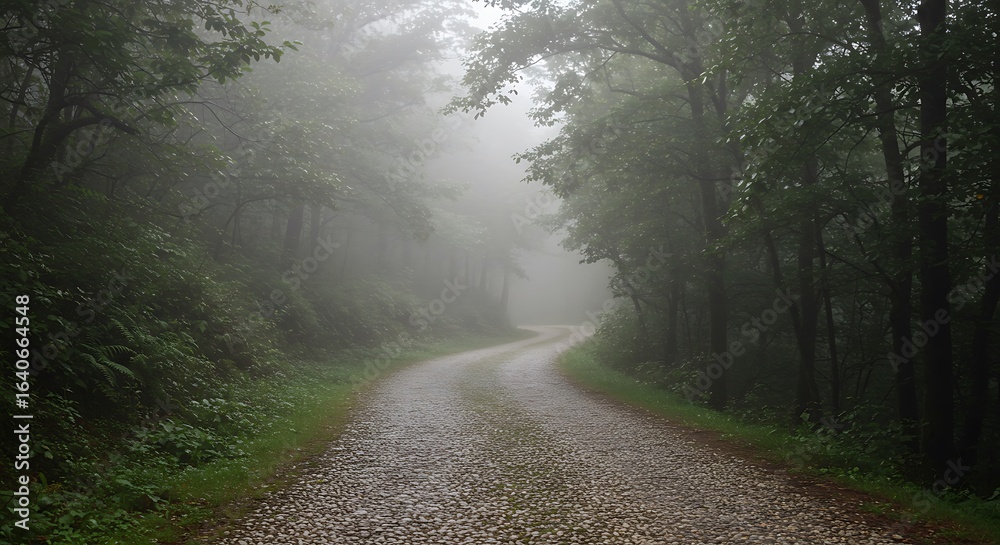 Obraz premium Winding Gravel Road Through Misty Forest Landscape