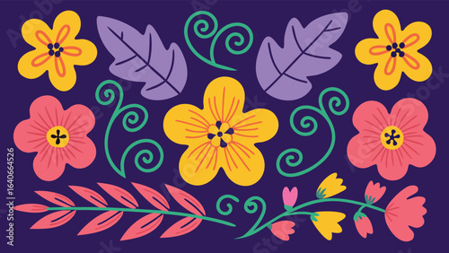 Floral arrangement with yellow and pink flowers and purple leaves on a purple background design art